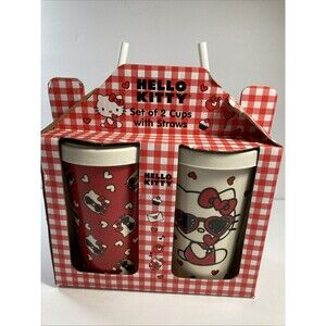 Hello Kitty Valentines Tumbler/Set of 2 with Straws. Hearts & Sunnies/Red&White